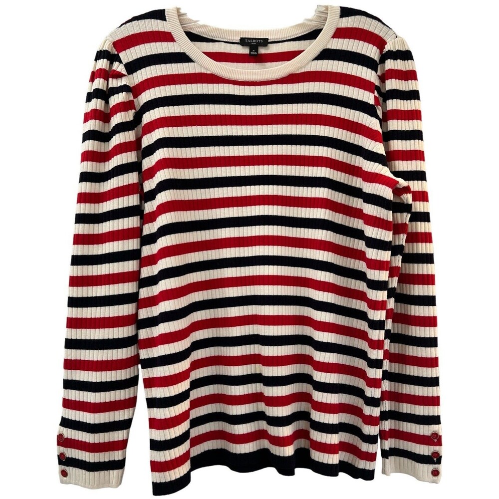Talbots Womens Size X Red White French Stripe Puff Sleeve Crewneck Sweat…